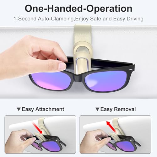Image of Veharvim Sunglass Holder for Car (2 Pack, One-Handed Operation, Gentle & Secure Hold, Silicone Padded, Universal Fits Sunglass and Car Visor) - Sunglasses Clip for Car Visor (Beige, 2 Pack)