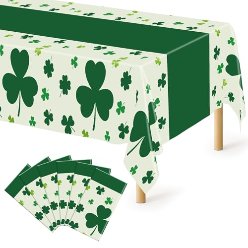 Image of 6 Pack St Patricks Day Tablecloth, 108 inch X 54 inch Disposable Shamrock Green Table Cloth, Plastic St Patricks Day Decorations for Table Irish Table Cover, Rectangle Lucky Holiday Decor for Irish Party