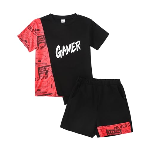 Image of OLMRJKD Boys 2 Piece Outfits Short Sleeve Colorblock T-shirt and Shorts Summer Casual Clothes for 6-12 Years