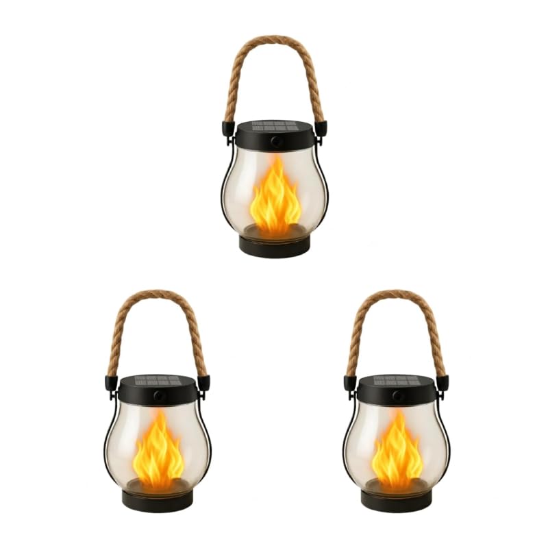 Loomhe Solar Garden Lanterns Solar Flame Lanterns Outdoor WaterproofNo Wiring Auto-On At Dusk! (3 pcs)