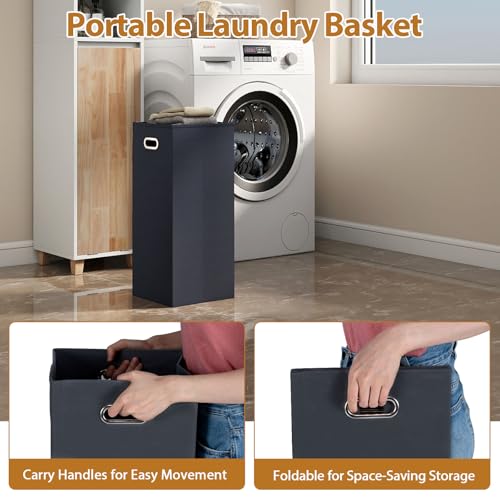 LIFEZEAL Armario de Baño Alto, Armario Estrecho con Cesta de Ropa Extraíble, Estantes Abiertos, Contenedor Plegable, Armario Multiusos para Baño Salón, Madera de Caucho - imagen 6