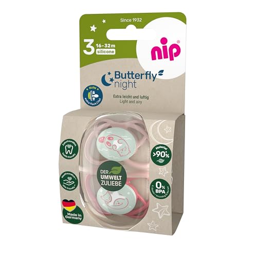 nip - Butterfly Night | 16-32 Monate | 2er Pack | Stillfreundlicher, zahnfreundlicher Babyschnuller mit Leuchtknopf inkl. Schnullerbox. Nachhaltiger Schnuller mit weichem Silikonsauger, Rosa/Rot