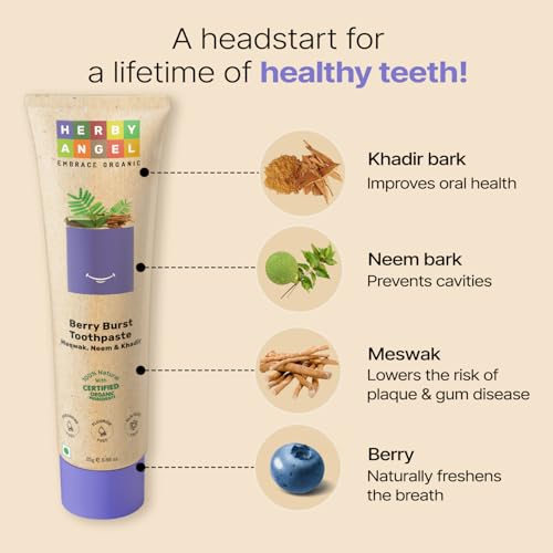 Image of Baby Toothpaste Berry Burst - Herbal Kids Oral Care with Neem, Khadir & Meswak | Promotes Strong Teeth & Healthy Gums | Fluoride Free,Organic & Safe for Toddlers (Pack of 4) (25 GM Each)