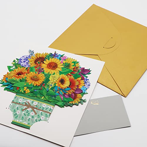 Sunflower Bouquet 3D Birthday Pop Up Cards, 3.9 X 8.7" Greeting Card Paper Flowers, Floral Gift Paper Bouquet Flowers Anniversary Card, Card For Wife, Card For Mom, Mothers Day Card With Note Card And Envelope #TOP4