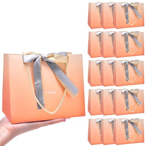 15 Pack Gift Bags With Handles, Gift Bag With Bow Ribbon Horizontal, Small Orange Gift Bag s Paper for birthday Party gift bags for women Shopping Wedding Bridesmaid Party Favor Retail Gift Sacks Supplies Supplies