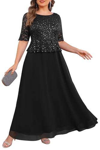 Plus Size Formal Dresses Black Mother of The Bride Evening Gowns Wedding Guest Sequin Lace Bodice...