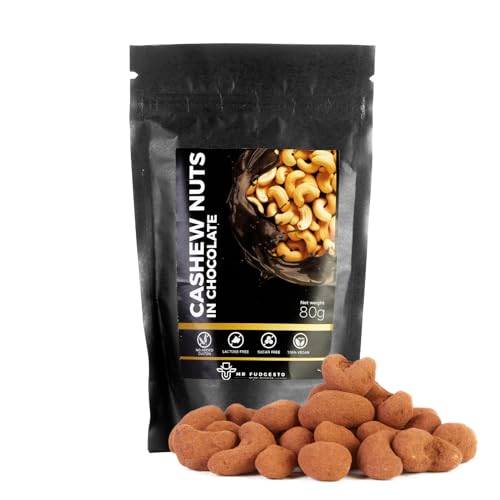Cashew Nüsse in Dessert-Schokolade überzogen - Mr Fudgesto Sweets - Premium Genuss - Ohne Zusatz von Zucker - Gesunder Snack - Kakaoüberzogene Nüsse und Früchte - 100g