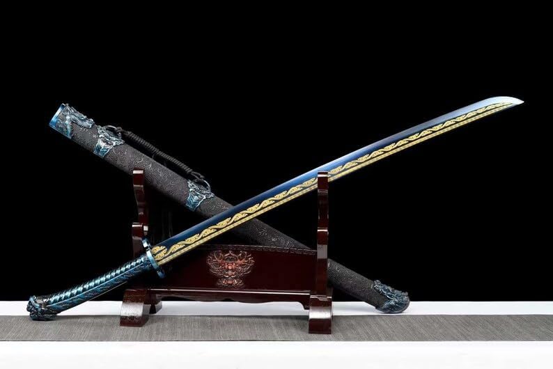 SHZBZB Blue Scabbard Roasted Blue Golden Blade Anime Samurai Sword Handmade Engraving Pattern high Manganese Steel Warrior Knife Katana Sword Gift