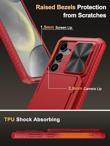 Image of Vihibii Polycarbonate For Samsung Galaxy S24 Back Cover With Card Holder (4 Cards) & Slide Lens Cover & Kickstand & Raised Edges Protect Screen,Shockproof Case For Samsung Galaxy S24 6.2 inch,Red