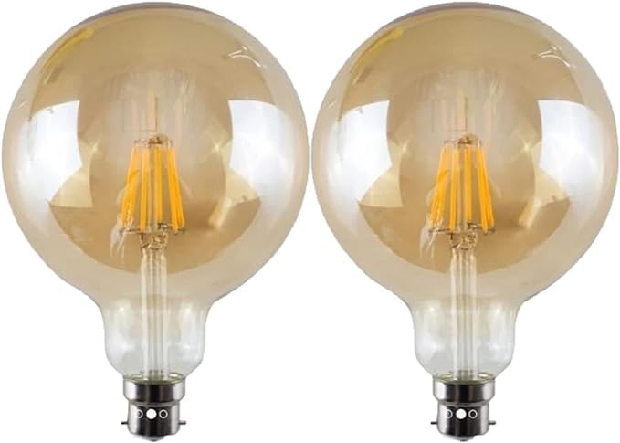Pack 2| LED B22 Light Bulb, G125 8W (Equivalent 60W) Dimmable 2700K Warm White LED Filament 806 Lumens Amber Glass, BC Bayonet Base Vintage Old Fashioned Globe Energy Saving Bulb for Home Decoration