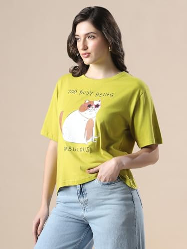 Image of Globus Women Green Printed Oversized T-Shirt-3638147001