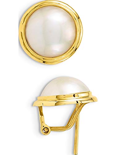 14K Yellow Gold 10-11Mm White Freshwater Cultured Mabe Pearl Omega Back Earrings (Length=18) (Width=18)