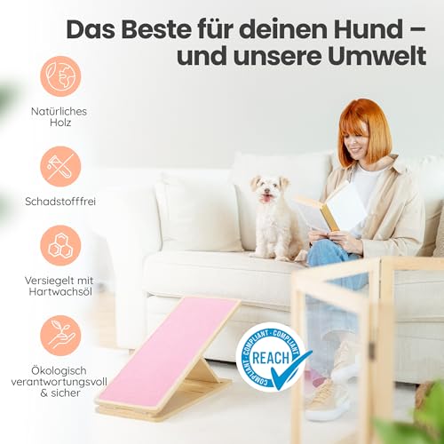 Ruby Hunderampe [höhenverstellbar] Hundetreppe aus massivem Holz – klappbar & rutschfest | Holzrampe Dog Stairs, kleine Hunde Haustiertreppe | 30-50cm (Rosa, M)
