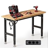TLGREEN Banco de Trabajo Ajustable de Estudio, 122 CM Mesa de Trabajo de Madera de Caucho, con Enchufe y Ganchos, 5 Alturas Diferentes, Capacidad 907 kg, 4PCS Patas, para Talleres, Garajes y Oficinas