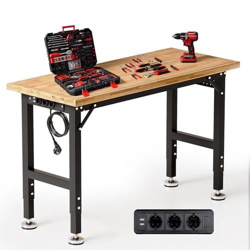 TLGREEN Établi Garage Réglable de Travail,122CM Table en Bois de Caoutchouc