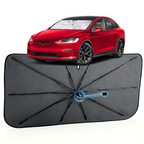 Image of Car Windshield Sun Shade for Tesla Model X 2016-2026 -[Reflective Coated Fabric] Sunshade Umbrella for Front Window, Car Shades Sun Visor Keep Car Cool and Protects Interior, 1:1 Exact Fit