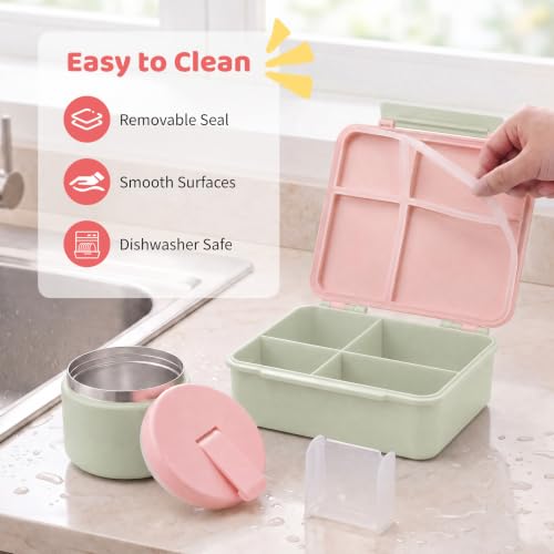 Image of Bento Lunch Box with 8oz Soup Thermo, Kids Leakproof Lunch Food Containers with 4 Compartment, Kids Thermo Insulated Hot Food Jar for School, Trvael (Green-Pink)