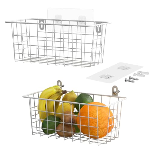 MaraFansie Hanging Kitchen Baskets Wire Storage Basket Adhesive and Screws Basket Over the Cabinet Door Organizer with Adhesive Strips and Screws Accessories, 2 Installations, 2 Pack, White