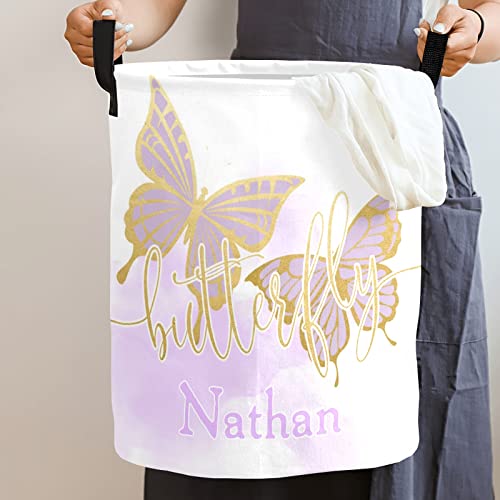 Custom Butterfly Purple Storage Basket With Handles Personalized Name Waterproof Collapsible Laundry Baskets For Clothes #TOP2
