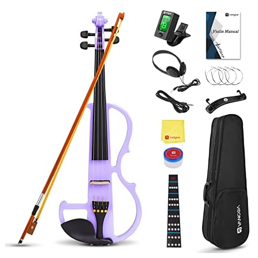 Vangoa Electric Violin 4/4 Full Size Silent Violin Set for Beginner Adults Teens, Solid Maple Wood Metallic Electronic Quite Violin with Ebony Fittings, Purple
