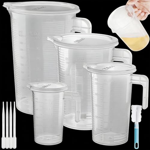 Realure 4 Stk Messbecher Set, 100ml 250ml 500ml 1000ml Kunststoff Messbeche mit Skala, Transparent Messbecher Klein Mit Pipette/Deckel/Bürsten, Hitzebeständig Dosierhilfe für Küche Backen Labor Kochen