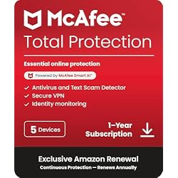 McAfee Total Protection 5-Devices 2026 | Amazon Exclusive|12 -Months| Antivirus, VPN, Scam Protection, Identity Monitoring | Annual auto-renewing Amazon subscription