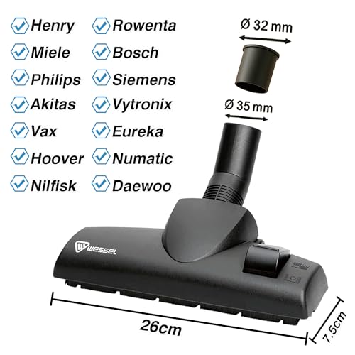 Wessel Werk RD264 32-35mm Staubsauger Bürste Staubsaugerdüse Bodendüse energiesparender Bürstenkopf für Teppiche Hartböden inkl. Anschlussadapter kompatibel mit Miele AEG Siemens Bosch Kärcher Philips
