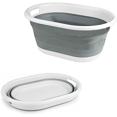 Image of Crystals Large Collapsible Fold Able Laundry Basket Pop Up Clothing Washing Storage For Bedrooms Laundry Room Bathroom (Oval) White,grey