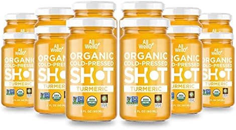 ALLWELLO Cold - Pressed Turmeric Shot, 60 mL, Natural USDA Organic Boost with Anti-Inflammatory Support to Relieve Joint Pain and Stiffness, Headaches, PMS Symptoms (12 Pack)
