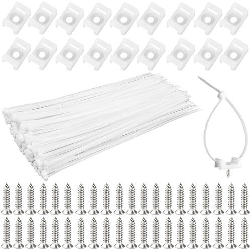 EUMAYES 100 Pièces Fixations de Serre-Câbles Base de Montage avec 100 Pièces Attaches de Câble Blanches et Vis pour Fixation Cable Electrique