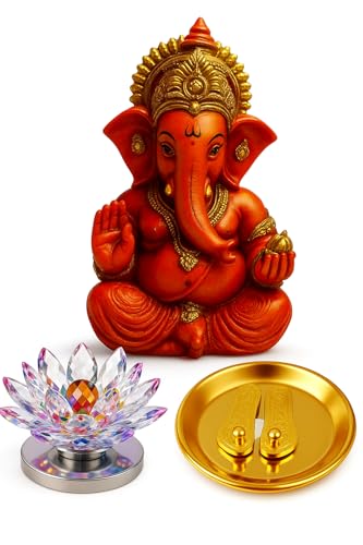 Image of ZYROO Ganesh Murti with Laxmi Charan Paduka & Crystal Lotus | Ganpati Idol for Pooja Mandir | Decorative Hindu God Statue for Home Temple & Gift Purpose
