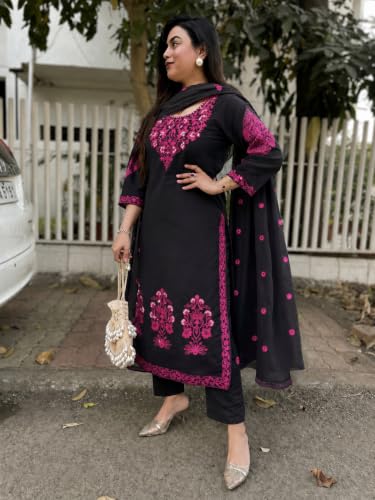 Image of GoSriKi Kurta Sets for Women Viscose Embroidered | Kurta Pant Dupatta Set | Straight Kurti Set for Women | Round Neck 3 /4 Sleeve Ethnic Suit | Designer Indian Kurti Outfit with Pants