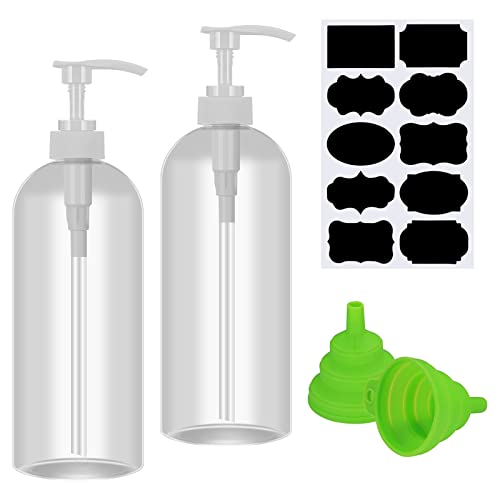 upain 2pcs Pump Bottle Dispenser 1000ml Push Down Shampoo and Conditioner Bottles Refillable Empty Pump Bottles Dispensers Plastic Pump Bottle with Funnel and Label for Lotion Liquid Handwash Shower