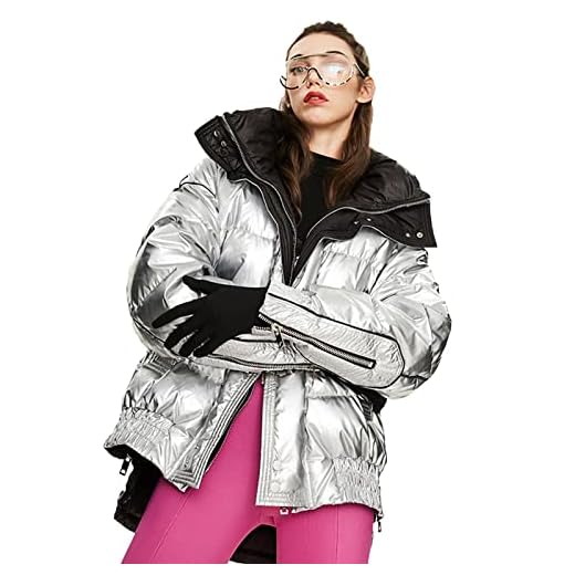 RSTJ-Sjcw Kvinnor Mid-Length 90% Dam Jacka, Dam Vindskyddad Huvud Vinter Glänsande Puffer Jacket Coat Outwear,Silver,S