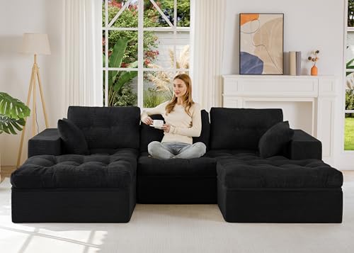 Image of MAXYOYO 104 inch U Shaped Modular Sectional Sofa with 2 Ottomans, Cloud Boneless Couch with Layered Cushion, Flexible Module Combination Sofa for Living Room, No Assembly Required, Black