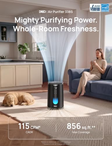 Image of DREO Smart Air Purifier for Home, AHAM VERIFIDE Air Cleaner for Bedroom, Pets, Smoke, Dust, Pollen & Odors, Wi-Fi /Voice /Alexa, PM2.5 Monitor, Auto, Turbo, HEPA Sleep Mode, DR-HAP008S Black (Dreo 338S)