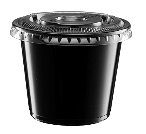 Image of (5 oz - 100 Sets) Black Diposable Plastic Portion Cups With Lids, Small Mini Containers For Portion Controll, Jello Shots, Meal Prep, Sauce Cups, Slime, Condiments, Medicine, Disposable Souffle Cups