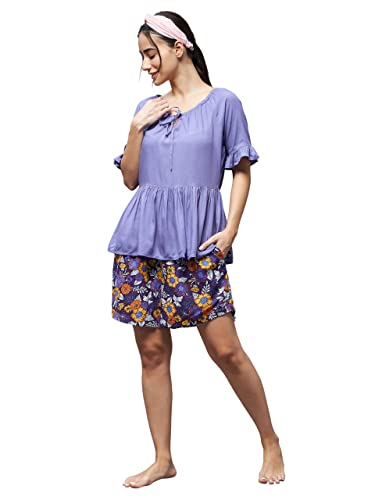 Image of Miss Chase Women's Lavender Round Neck Short Sleeve Floral Front Placket Short Top & Shorts Sets