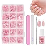 BUTBU 240 Piezas Uñas Postizas Francesas Cortas, Uñas Postizas Francesas, Conjunto Completo De Uñ-as Falsas Estilo De Pegado, con Pegamento, para Salones Uñ-as, Manicuras DIY(Corto-Almendra)