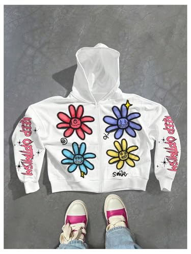Men's Graphic Hoodies Y2k Zip Up Streetwear Flower Hoodies Oversized Sweatshirt Casual Hooded Jacket with Pockets4