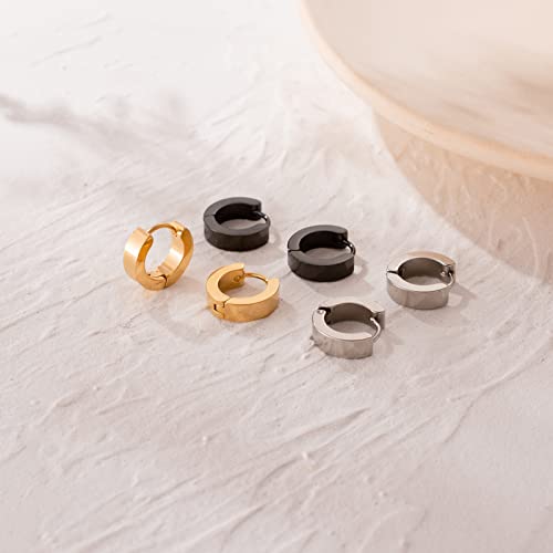 3 Pairs Stainless Steel Hoop Earrings For Women Men Minimalist Huggie Earrings Gold Silver Black Hypoallergenic Tiny Cartilage Hoop Earrings #TOP6