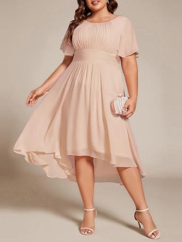 Image of Ever-Pretty Women's Plus Size Formal Wedding Guest Dresses for Curvy Women A Line Chiffon Midi High Low Cocktail Dress