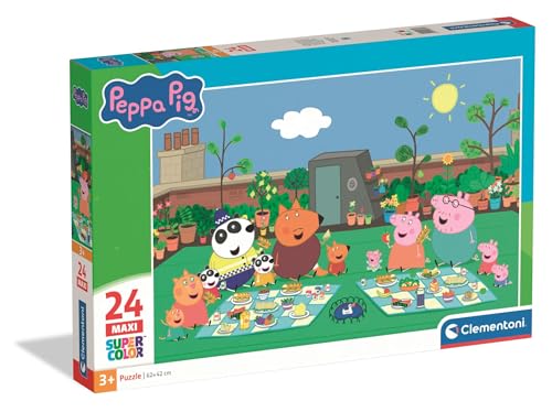 Clementoni - Peppa Pig Super Color Maxi - Puzzle Infantil de 24 Piezas Extragrandes, Edad 3+, Imágenes Vibrantes, Materiales Sostenibles, 62 x 42 cm, 24834