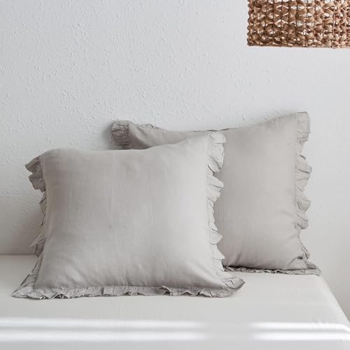 Simple&Opulence 100% Linen Euro Sham Covers with Ruffle, 26x26 Inch Pillow Covers Set of 2, Euro Pillow Shams for Bed Couch French Home Decor Luxury and Breathable Square Pillow Cases, Light Grey