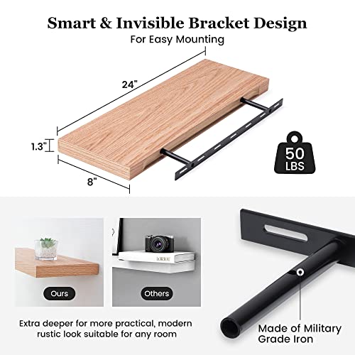 Oak Floating Shelves, 8 Inch Deep Wooden Shelves For Wall Set Of 2, Farmhouse Rustic Floating Shelf Wall Mounted 24 Inch Long Wall Shelves For Kitchen Bathroom Living Room Bedroom, Natural Oak Color #TOP3