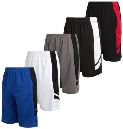 Mad Game Boys Athletic Shorts - 5 Pack Athletic Performance Mesh Running Basketball Shorts for Boys with Pockets (Sizes 8-18)