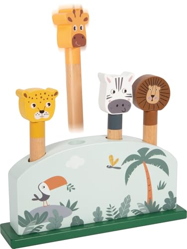 small Foot Steckspiel hüpfende Tiere „Safari“, mit 4 Tierfiguren zum Hochspringen, Motorikspielzeug für Kinder ab 3 Jahre, 12758