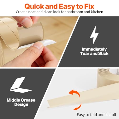 Image of Dstorelhp 2PCS Caulk Tape for Bath & Kitchen, Beige, 1.5 inch x 10.5Ft | Waterproof, Self Adhesive, Decorative, For Kitchen, Countertop, Bathroom, Toilet, Bathtub, Sink, Shower