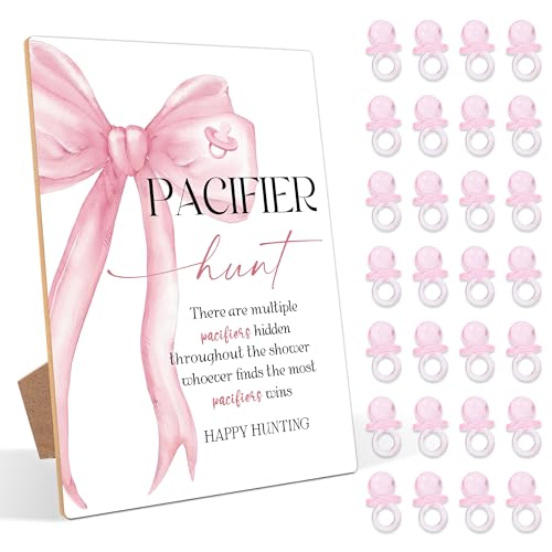 51 Pcs Pacifier Hunt Baby Shower Game, Include 1 Wood Sign and 50 Pacifiers, Pink Bow Theme Gender Reveal Games, Pink Baby Shower Decorations, Newborn Announcement Party Decor Supplies