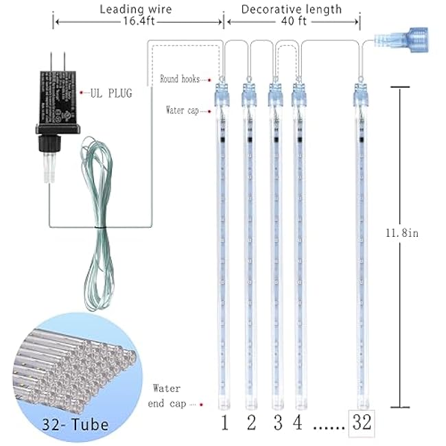 Christmas Decoration Outdoors- 32 Tubes (Equivalent to 4 Sets of 8-Tubes) Meteor Shower Rain Lights, White Falling Rain Lights for Christmas Decor Xmas Tree Halloween Yard Wedding Party, UL Plug